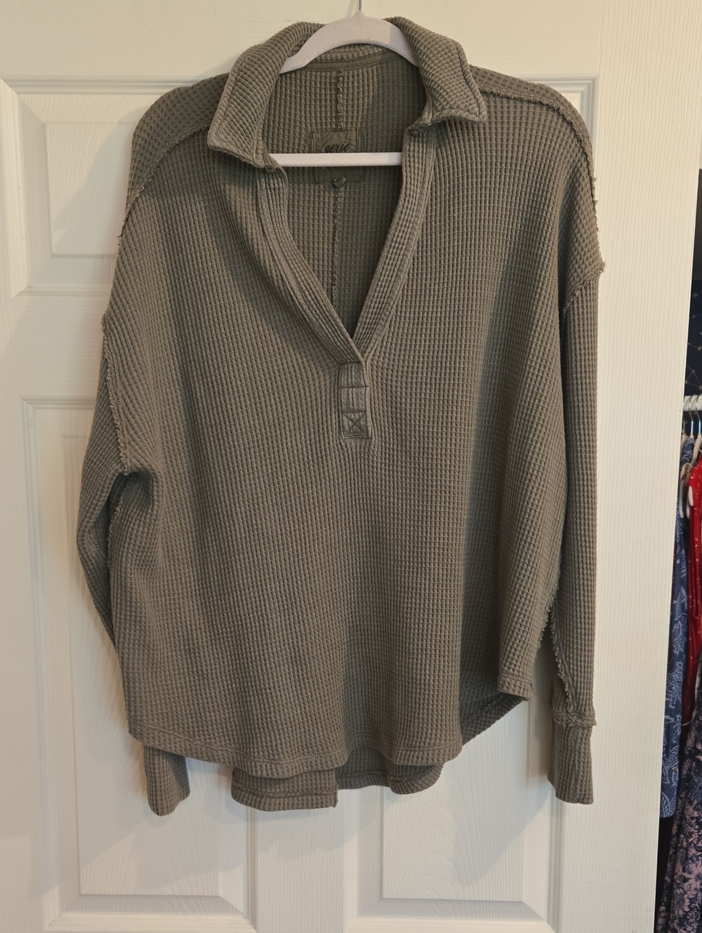 Aerie Waffle Knit Collared Pullover - Olive